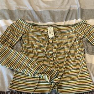 Aeropostale Yellow and White Long Sleeve Tie Front Blouse